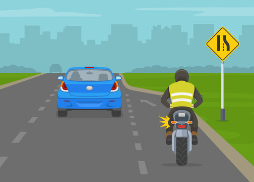 Safety car driving rules and tips. Right lane ends ahead merge left road sign meaning. Mandatory movements in lanes rule. Flat vector illustration template.