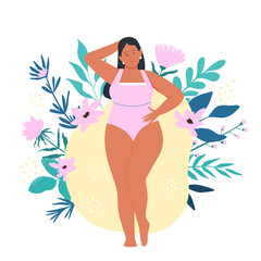 Obraz na płótnie Canvas Happy plus size girl and body positivity blossoming. Accepting and loving yourself flat vector illustration
