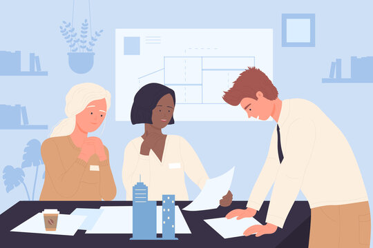 Architects work on architectural project of modern building. Team of people sitting at table with house model, working with paper documents flat vector illustration. Architecture, engineering concept