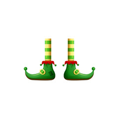 Naklejka premium Green shoes and striped stockings, elf legs foot elements. Vector cute funny feet in striped stocking and nosy shoes, cartoon limbs. Carnival costume clothing, party footwear, gnome or clown legs