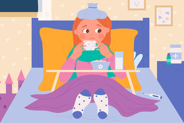 Sick child lying in bed with compress on head vector illustration. Cartoon cute little kid with fever, temperature and infection drinking hot drink in home bedroom, feverish sad girl patient ill