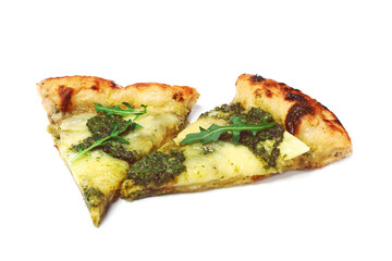Slices of delicious pizza with pesto, cheese and arugula on white background