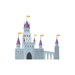 Medieval castle isolated cartoon queen or king palace with towers, gates and flag. Vector cinderella fantasy fort with bridge, purple roof, gray stony building. Royal fortress of prince princess