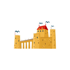 Cartoon medieval building, royal kingdom tower with bridge, fort of stone with flags. Vector fairy palace, ancient fairytale castle symbol of kingdom. Citadel with wall, king and queen home