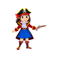 Cartoon happy smiling girl pirate, kid corsair in carnival costume. Vector child buccaneer personage wear jacket, cocked hat with gun. Baby in Halloween party dress, isolated freebooter or picaroon