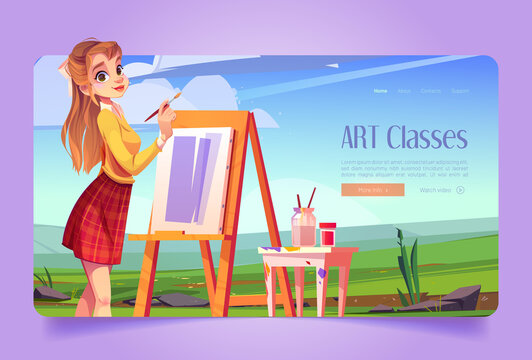 Art classes cartoon landing page, artist girl drawing beautiful nature landscape during plein air at summer day. Young woman painter holding brush front of easel paint meadow, Vector web banner