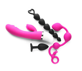Set of different sex toys on white background, top view