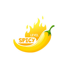 Fototapeta premium Yellow long pepper and burning flame scale of flavor of spicy vegetarian food, flavoring seasoning condiment bell whole paprika. Chili pepper spicy level scale, medium fiery food and fastfood