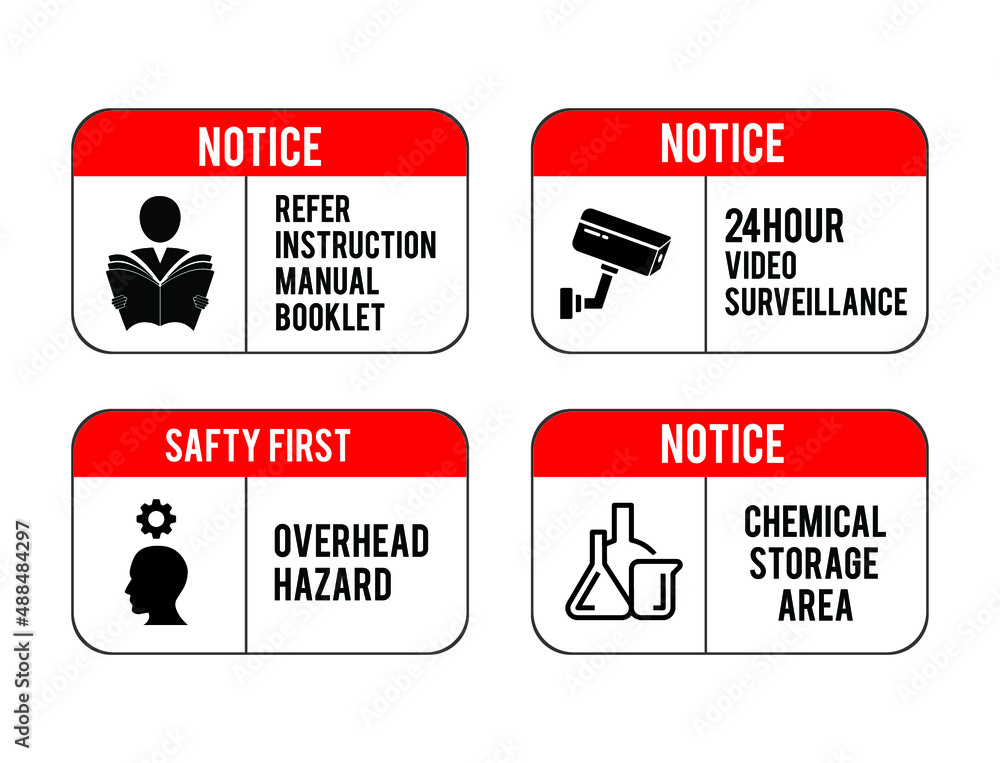 Canvas Prints refer manual booklet, 24 under surveillance, overhead hazard, chemically storage area warning sings vector illustration 