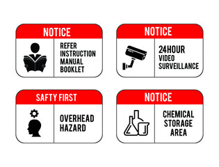 refer manual booklet, 24 under surveillance, overhead hazard, chemically storage area warning sings vector illustration 