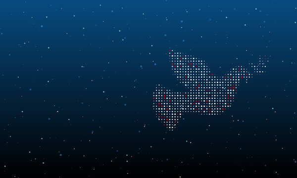 On the right is the dove of peace symbol filled with white dots. Background pattern from dots and circles of different shades. Vector illustration on blue background with stars