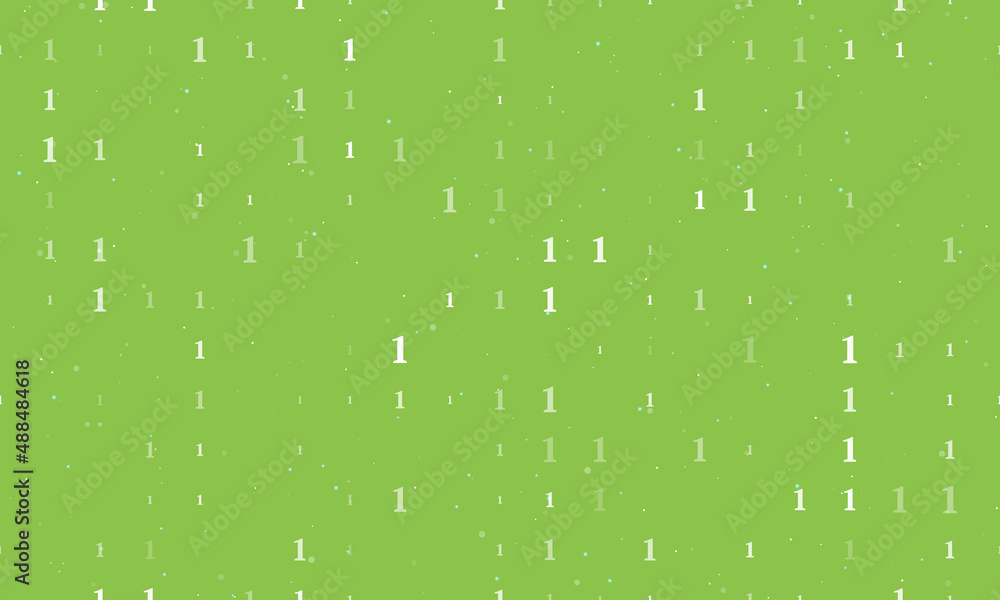 Poster Seamless background pattern of evenly spaced white number one symbols of different sizes and opacity. Vector illustration on light green background with stars
