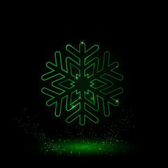 A large green outline snowflake symbol on the center. Green Neon style. Neon color with shiny stars. Vector illustration on black background