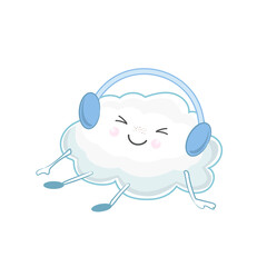 Cute cartoon cloud listening to music with headphones. Cartoon vector illustration. Kawaii, children's isolated vector illustration.  Cloud illustration.