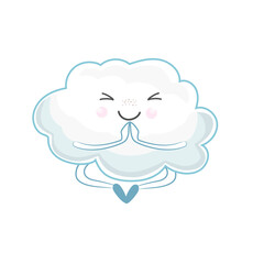 Cute cartoon cloud sitting in the lotus position, doing yoga, relaxed. Cartoon vector illustration. Kawaii, children's isolated vector illustration, sticker.  Cloud illustration.