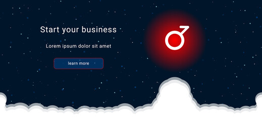Business startup concept Landing page screen. The demiboy symbol on the right is highlighted in bright red. Vector illustration on dark blue background with stars and curly clouds from below
