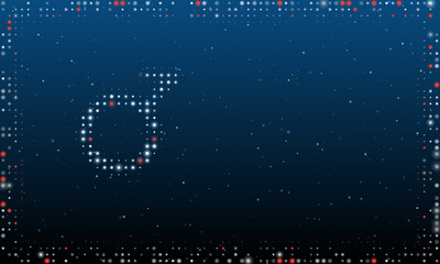 On the left is the demiboy symbol filled with white dots. Pointillism style. Abstract futuristic frame of dots and circles. Some dots is red. Vector illustration on blue background with stars