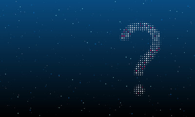 On the right is the question symbol filled with white dots. Background pattern from dots and circles of different shades. Vector illustration on blue background with stars