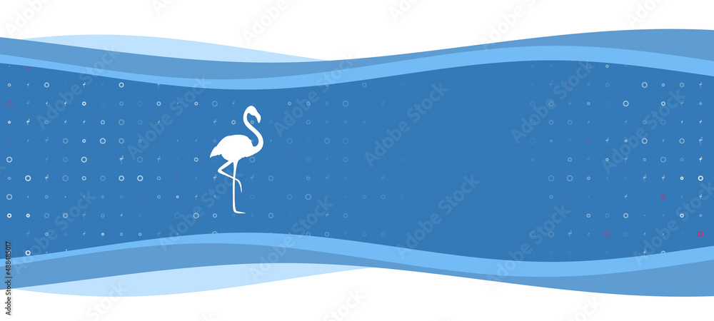 Poster blue wavy banner with a white flamingos symbol on the left. on the background there are small white 