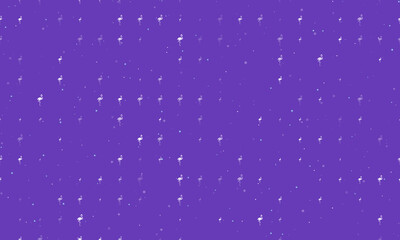 Seamless background pattern of evenly spaced white flamingos symbols of different sizes and opacity. Vector illustration on deep purple background with stars