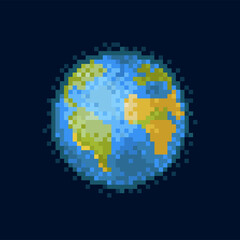 Globe Earth pixel art planet with land, sea and ocean, outer space globe isolated on black. Vector globe with water or aqua, cartoon 8 bit game universe. Galaxy planet, pixelated ball in cosmos