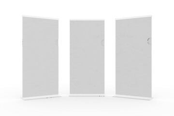 Front View of Three DL Acrylic Leaflet Table Talkers isolated on a white background for illustration and mockups. 3D Render Illustration