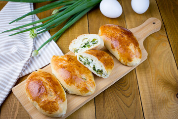 Delicious little pies with green onion and egg. Traditional Russian cuisine. Homemade cakes.