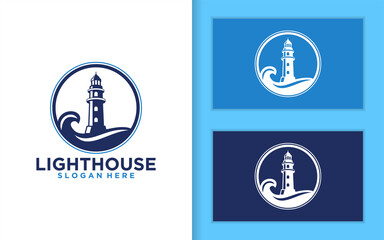 Fototapeta na wymiar Lighthouse, Beacon logo icon. Vector Illustration. Modern linear simple logotype template. Lighthouses and ocean waves.