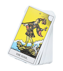 The Fool and other tarot cards on white background, top view