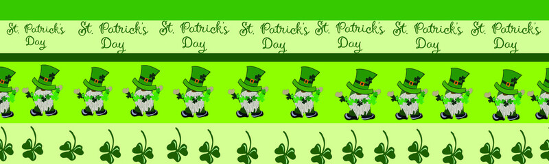 St. Patrick's Day banner with elements of clover leaves, shamrocks, leprechaun. Green stripes background.