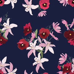 Lilies and pansies. Seamless vector illustration on a dark blue background.