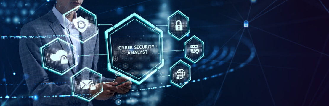 Cyber Security Data Protection Business Technology Privacy Concept. Young Businessman  Select The Icon Cyber Security Analyst On The Virtual Display.