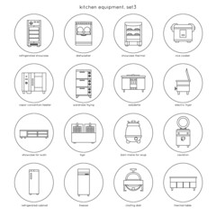 Kitchen equipment for restaurants and cafes: refrigerated showcase, dishwasher, rice cooker, fryer, bain-marie for soup, cauldron, chafing dish, freezer. Set 3. Linear round icons.