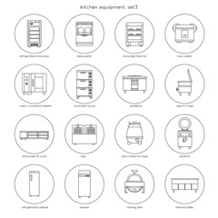 Kitchen equipment for restaurants and cafes: refrigerated showcase, dishwasher, rice cooker, fryer, bain-marie for soup, cauldron, chafing dish, freezer. Set 3. Linear round icons.