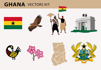 VECTORS. Ghana, national symbols, patriotic, emblems, coat of arms,  Independence Arch, Accra, Black Star square, sankofa, national flower, culture, people, eagle, map