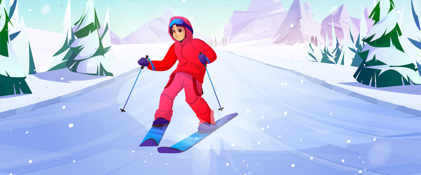 Winter skiing sport, extreme outdoors activity. Young woman in red warm costume and glasses riding skis downhills the ice slide. Sportswoman relaxing and fun on resort, Cartoon vector illustration