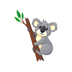 Funny koala cartoon character sitting on eucalyptus branch isolated cute australian animal. Vector Koala bear funny personage on tree. Gray fluffy kids toy, cheerful childish animal of Australia