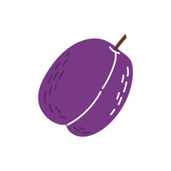 Purple plum, passion fruit maracuya isolated exotic food cartoon style icon. Vector violet maracuja fruit, vegetarian snack. Oval pepo berry tropical food Passiflora edulis, whole ripe summer dessert