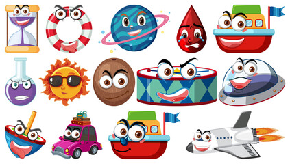 Set of different toy objects with smiley faces