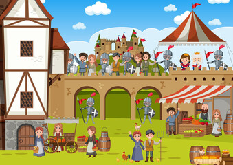 Medieval scene with knights and villagers