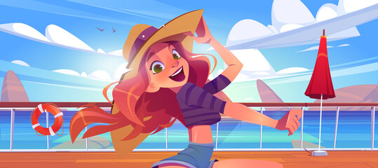 Happy girl on cruise ship deck. Vector cartoon landscape of sea with rocks and beautiful woman in hat on wooden boat deck or quay with railing, umbrella and lifebuoy