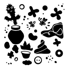 A funny set of elements. Black and white vector illustration isolated on a white background. Print for T-shirts, notebooks, covers, bags, mugs, postcards, textiles.