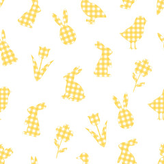 Seamless pattern Easter Bunny Buffalo plaid Chicks flowers vector illustration