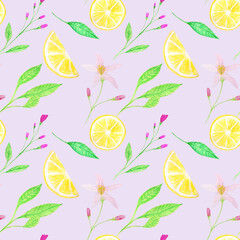 Watercolor yellow lemons seamless pattern hand drawn