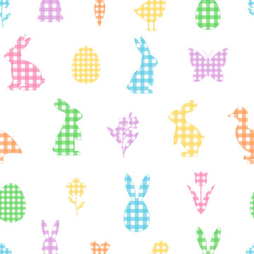 Seamless Pattern Easter Bunny Buffalo Plaid Chicks Flowers Vector Illustration