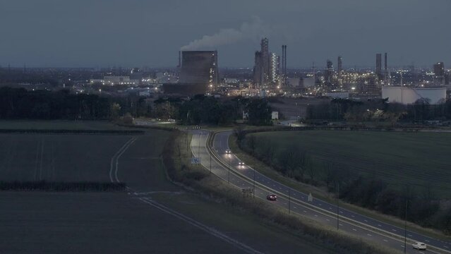 Wilton International chemical site, Sembcorp, early morning rush hour aerial drone footage with movement elevating over Wilton Plant Teesside Sabic CLIP 2