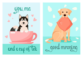 A set of postcards with funny dogs. Cartoon design. Vector illustration.
