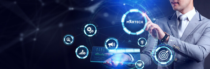 Martech marketing technology concept on virtual screen interface. Business, Technology, Internet and network concept.