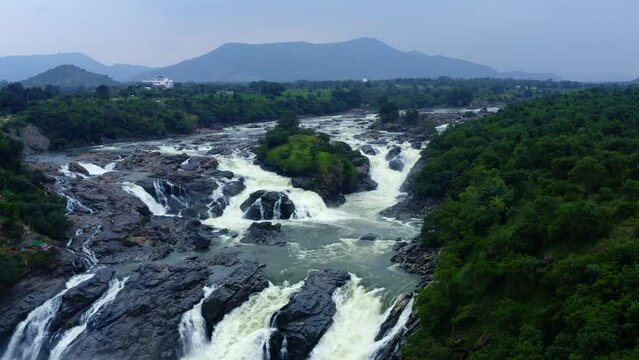Waterfall Aerial view - Bird's eye view of Huge tropical waterfalls Karnataka India