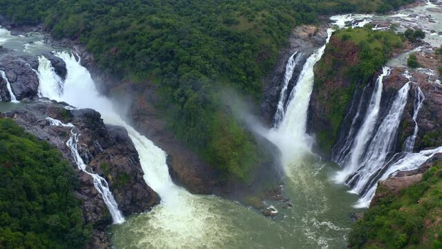 Waterfalls Aerial view - Scenic Tropical Jungle Waterfalls - Shivanasamudra Karnataka India